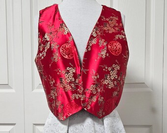 Red Satin Floral Vest - Handmade One-of-a-Kind - O/S