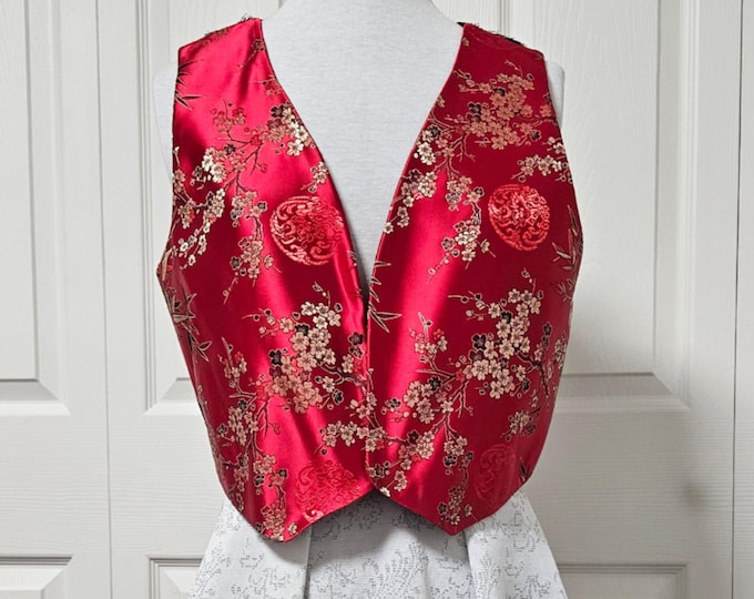 Red Satin Floral Vest: Handmade from Deadstock Fabric - One of a Kind - O/S