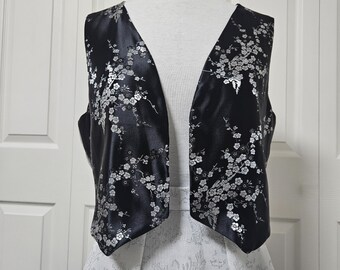 Black Satin Floral Vest - Handmade One-of-a-Kind - O/S