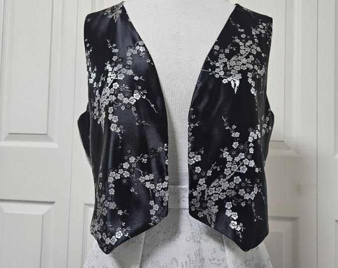 Black Satin Floral Vest: Handmade from Deadstock Fabric - One of a Kind - O/S