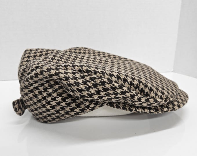 Houndstooth Flat Cap: Handmade from Deadstock Fabric - One of a Kind - Vintage Inspired- Sz M