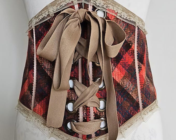 Red Plaid Corset Belt: Handmade Deadstock Fabric, Vintage Style - Sz M