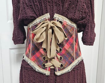 Red Plaid Corset Belt - Handmade One-of-a-Kind - Vintage Style - Sz M