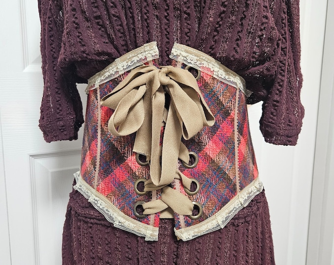 Red Plaid Corset Belt: Handmade Deadstock Fabric, Vintage Style - Sz M