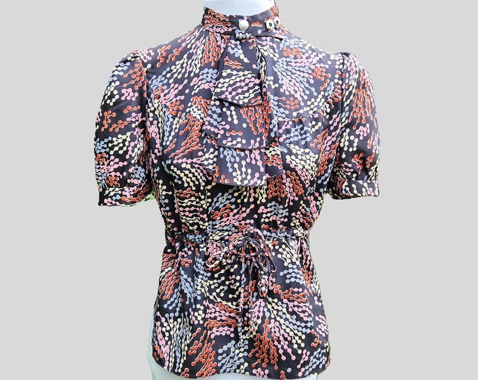 Abstract Puff Sleeve Blouse: Handmade from Deadstock Fabric - Vintage Inspired - Sz 8