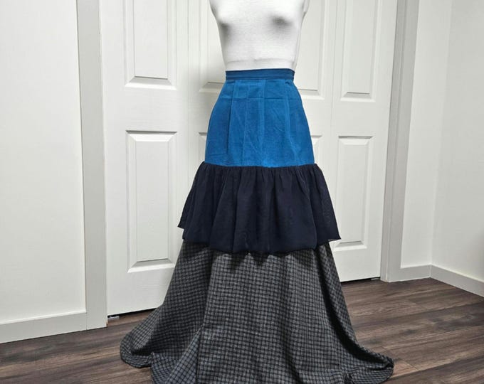 Blue Tiered Maxi Skirt: Handmade from Deadstock Fabric - Size 6