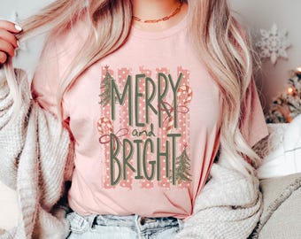 Merry and Bright Christmas Shirt, Poly Blend Tee, Vintage Christmas Graphic Tee, Cute Holiday Shirt, Cozy Winter Gift for Women