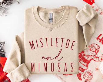 Red Mistletoe and Mimosas Christmas Sweatshirt, Gildan Holiday Crewneck, Christmas Brunch Sweatshirt, Cozy Winter Graphic Gift