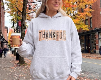 Thankful Hoodie, Thanksgiving Hoodie, Gildan Fall Hoodie, Cozy Autumn Graphic Hoodie, Gratitude Hooded Sweatshirt for Women