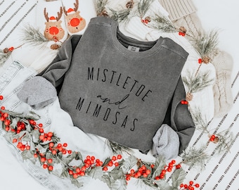 Mistletoe and Mimosas Comfort Colors Sweatshirt, Christmas Brunch Sweatshirt, Holiday Crewneck, Cozy Winter Graphic Gift