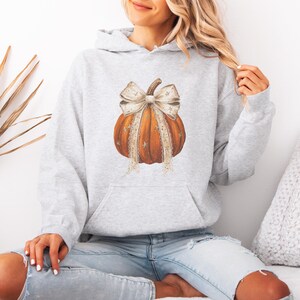 May include: A light gray hooded sweatshirt featuring a central graphic of an orange pumpkin adorned with a large, beige, lace-trimmed bow. The pumpkin design includes small, scattered star accents, and the hoodie has a front kangaroo pocket.