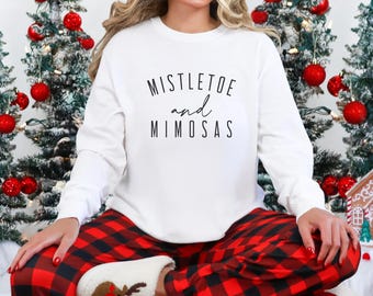 Mistletoe and Mimosas Comfort Colors Long Sleeve Shirt, Christmas Brunch Tee, Holiday Long Sleeve, Winter Graphic Shirt