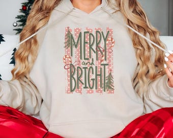 Merry and Bright Christmas Hoodie, Vintage Holiday Hoodie, Sublimation Hoodie, Cozy Winter Christmas Gift for Women