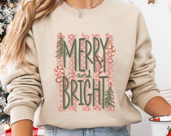 Merry and Bright Christmas Sweatshirt, Vintage Holiday Sweatshirt, Sublimation Crewneck, Cozy Winter Christmas Gift for Women
