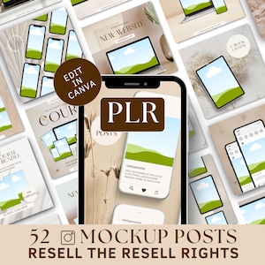 May include: A collection of 52 Instagram mockup posts featuring a landscape design with a green hill, blue sky, and white clouds. The mockups are displayed on various devices, including phones, tablets, and laptops. The text "PLR" is displayed in a brown rectangle. The text "52 Mockup Posts" and "Resell the Resell Rights" is displayed below the mockups.