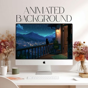Peut inclure: Un écran d'ordinateur de bureau affichant un arrière-plan animé représentant un balcon surplombant une ville la nuit avec la silhouette d'un chat, des montagnes et un ciel étoilé. Le texte ANIMATED BACKGROUND est situé au-dessus de l'écran.