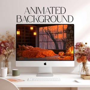 May include: A desktop computer monitor displaying an animated background of a cozy bedroom with an orange bedspread, a large window overlooking autumn trees, and a glowing jack-o'-lantern, with the text ANIMATED BACKGROUND above the screen.