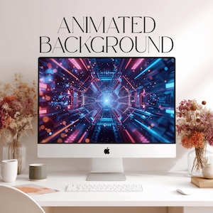 Op de afbeelding: Een desktopcomputermonitor met een geanimeerde achtergrond van een futuristische tunnel met blauwe en rode neonlichten. De tekst ANIMATED BACKGROUND staat boven het scherm. De monitor heeft een zilveren standaard en een wit toetsenbord.