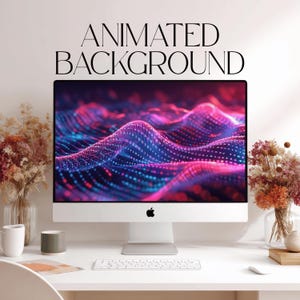 May include: A desktop computer monitor displaying an abstract digital wave pattern of pink and blue binary code. The screen features the Apple logo at the bottom centre. Above the monitor, the text ANIMATED BACKGROUND is printed in black.