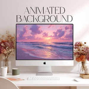 Op de afbeelding: Een computermonitor met een geanimeerde achtergrond van een zonsondergang boven de oceaan met roze en paarse wolken. Het scherm toont golven die op een strand spoelen. De tekst ANIMATED BACKGROUND staat boven het computerscherm.