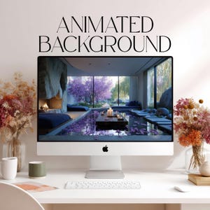 May include: A silver desktop computer displays an animated background of a serene indoor pool area with purple trees and a fireplace. The text ANIMATED BACKGROUND is centered above the screen. Two glass vases with dried flowers flank the monitor.