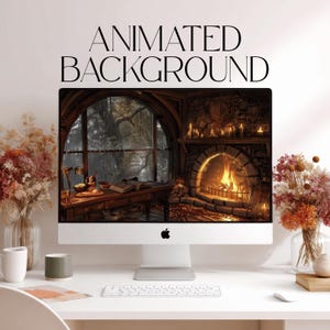 May include: A desktop computer monitor displaying an animated background of a cozy room with a fireplace, a wooden desk, and a large window overlooking a forest. The text "ANIMATED BACKGROUND" is printed in black above the monitor screen.