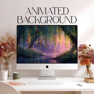 May include: A desktop computer monitor displaying an animated background of a willow tree forest with glowing fireflies over a calm stream. The text "ANIMATED BACKGROUND" is printed above the screen. A white keyboard sits on the desk.