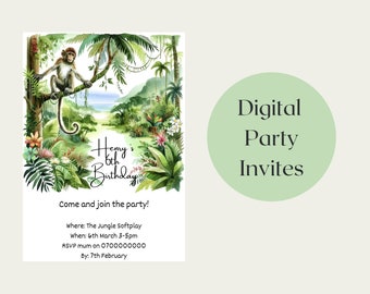 Tropical jungle party invite with monkey! Birthday invitation for kids, girls or boys. Digital invite, e-invite, email invite.