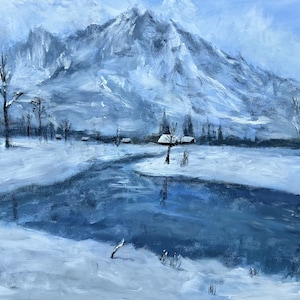 Snowy mountain landscape painting