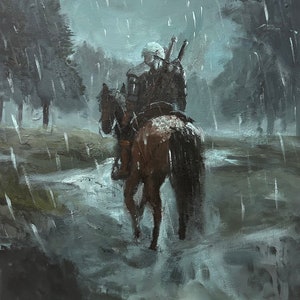 May include: A lone figure on horseback rides through a dark, misty forest under a heavy downpour. The rider is dressed in dark clothing and wears a hood, and the horse is brown with a white blaze on its forehead.