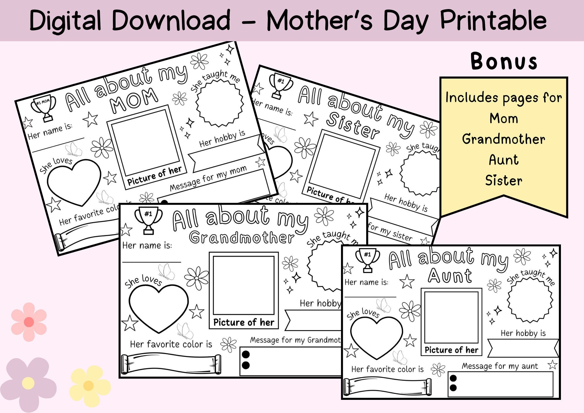 All About My Mom, Mothers Day Printable, Mothers Day Gift, Printable ...