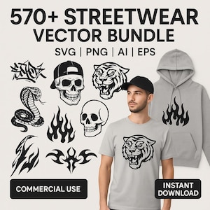 570+ Colorful Streetwear T-Shirt Design Bundle | EPS JPG Files | Hip Hop Comic Style Graphics | Instant Download | Commercial License