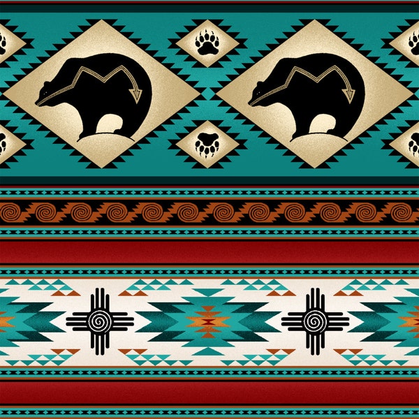 Elizabeth Studios Native Pattern Dancing Bear Stripe Turquoise, 1 Yard