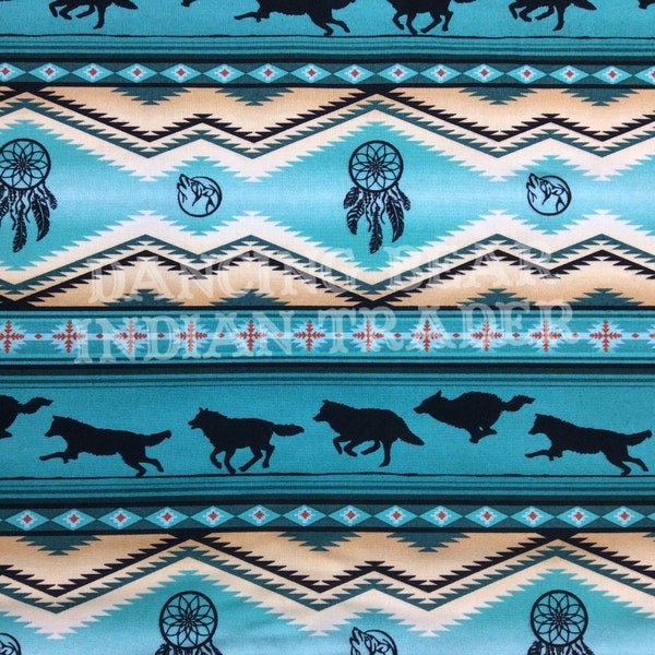 Elizabeth Studios Native Pattern Wolves Turquoise Green, 1 Yard