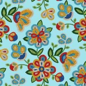 Elizabeth Studios Native Pattern Beaded Flowers, Light Turquoise 1 Yard 100% cotton woven fabric