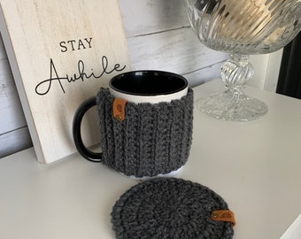 Crochet mug cozy and coaster set, handmade accessories, crochet mug cozy, crochet coaster, mug coaster crochet, mug cozy crochet