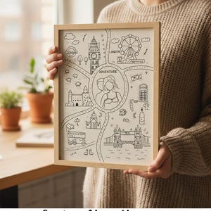 Könnte beinhalten: Eine handgezeichnete, gerahmte Karte von London mit Wahrzeichen wie Big Ben und dem London Eye. Die Karte zeigt eine zentrale Illustration eines Paares und das Wort "Adventure". Der Rahmen ist aus hellem Holz. Der Text unten lautet "Capture Your Memories. Hand-Drawn Custom Maps. Shop Now on Etsy."