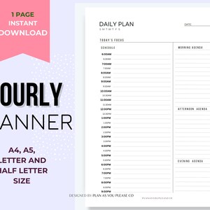 Daily Hourly Printable Planner PDF, Hourly Planner with daily agenda, Work Day/Personal Schedule,Instant Download A5/A4/Letter/Half Letter