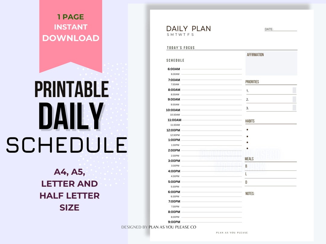 Hourly Daily Planner Printable Sheet, Productivity Planner, Daily ...