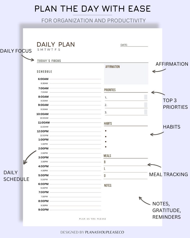 Hourly Daily Planner Printable Sheet, Productivity Planner, Daily ...