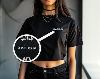 Crop Top ricamato a sinistra / Camicia per coppia ricamata / Oversize / Anniversario Romano Data / regalo per / regalo personalizzato personalizzato