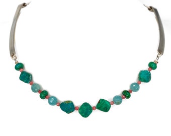 Beautiful and colorful Chrysocolla Choker Necklace.                                                          Fine Silver and gemstones.