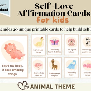 20 Affirmationskarten für Kinder, Selbstpflegekarten mit Tiermotiven, Vorschulkarten, Affirmationskarten, Kinder Affirmationen