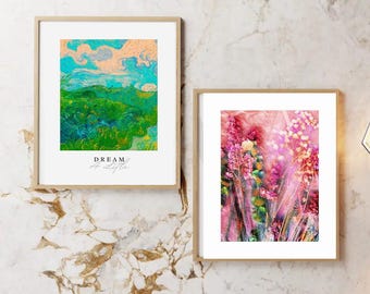 Impresiones Dibujos Arte digital moderno abstracto, floral, naturaleza, conjunto de dos arte de pared bohemio, diseño floral abstracto, arte inspirado en la naturaleza, cita de sueños