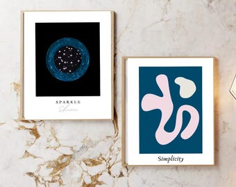 Prints Drawings Modern Abstract Digital Art,Set of Two Modern Wall Art Abstract Shapes,Abstract Wall Decor,Simplicity,Sparkle Quotes.