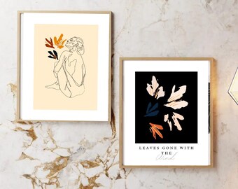 Prints Drawings Modern Abstract Digital Art,Modern Wall Decor Set of Two Woman Line,Abstract Leaves Pattern Design Gone With The Wind Quote.