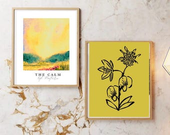 Prints Drawings Modern Abstract Digital Art.Set of Two,Floral and Nature Drawings Digital Wall decor,Digital Download art,Calm Quote.