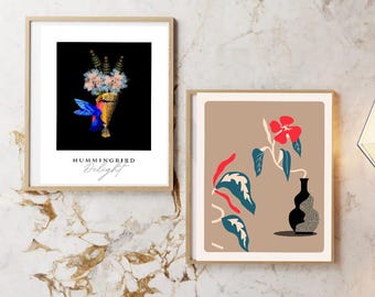 Prints Drawings Abstract Modern Digital Art.Home Decor,Set of Two,Hummingbird,Floral,Bouquet,Vase Art,Contemporary Art,Hummingbird Quote.