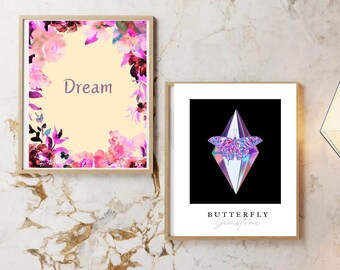 Prints Drawings Modern Abstract Digital Art,Set of Two, Butterfly Diamond Shape,Floral Prints,Abstract Art Prints,Butterfly,Dream Quotes.
