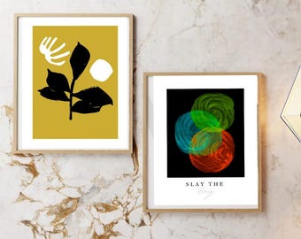 Prints Drawings Modern Abstract Digital Art.Set of Two Circle Pattern Design Leaf Matisse Shapes Art.Slay The Day Quote.Printable Wall Decor